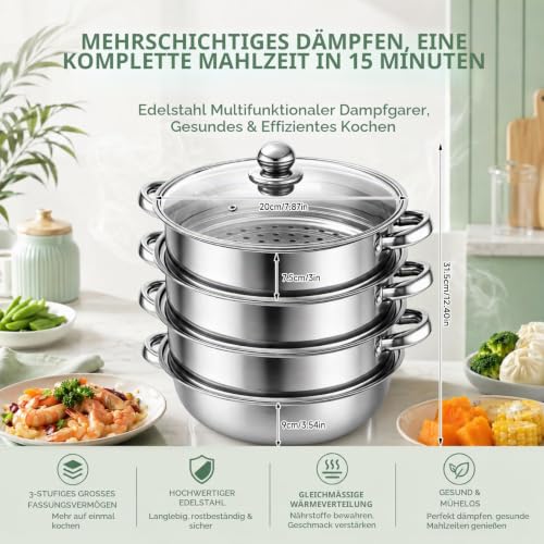 Foto von Dampfgarer Topf mit Deckel, 28CM Edelstahl Dampfgarer mit Dämpfeinsatz, 3/4-stöckiges (4-Stöckiges)