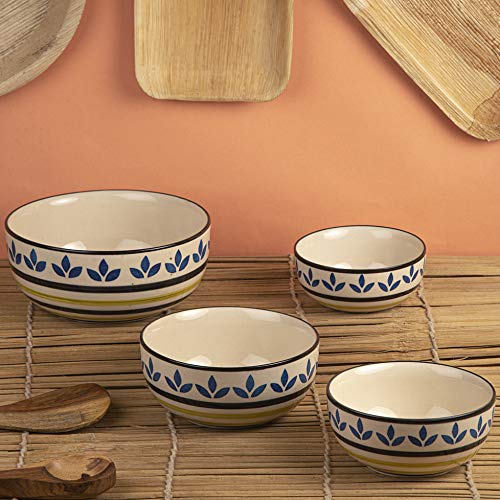 Image of HS Hindustani SAUDAGR Lemon Leaf Bloom Multi Size Ceramic Bowls 1000 ML, 750 ML, 500 ML and 350 ML, Set of 4 Microwave Safe Bowls katori Ideal for Snacks Rice dal Desserts and Gifting.