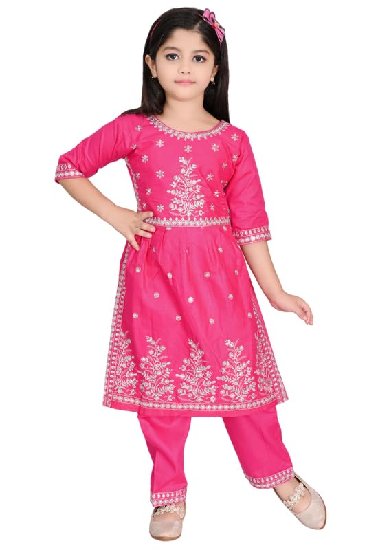Image of Girls Ethnic Cotton Kurta and Straight Pant Set with Silky Dupatta