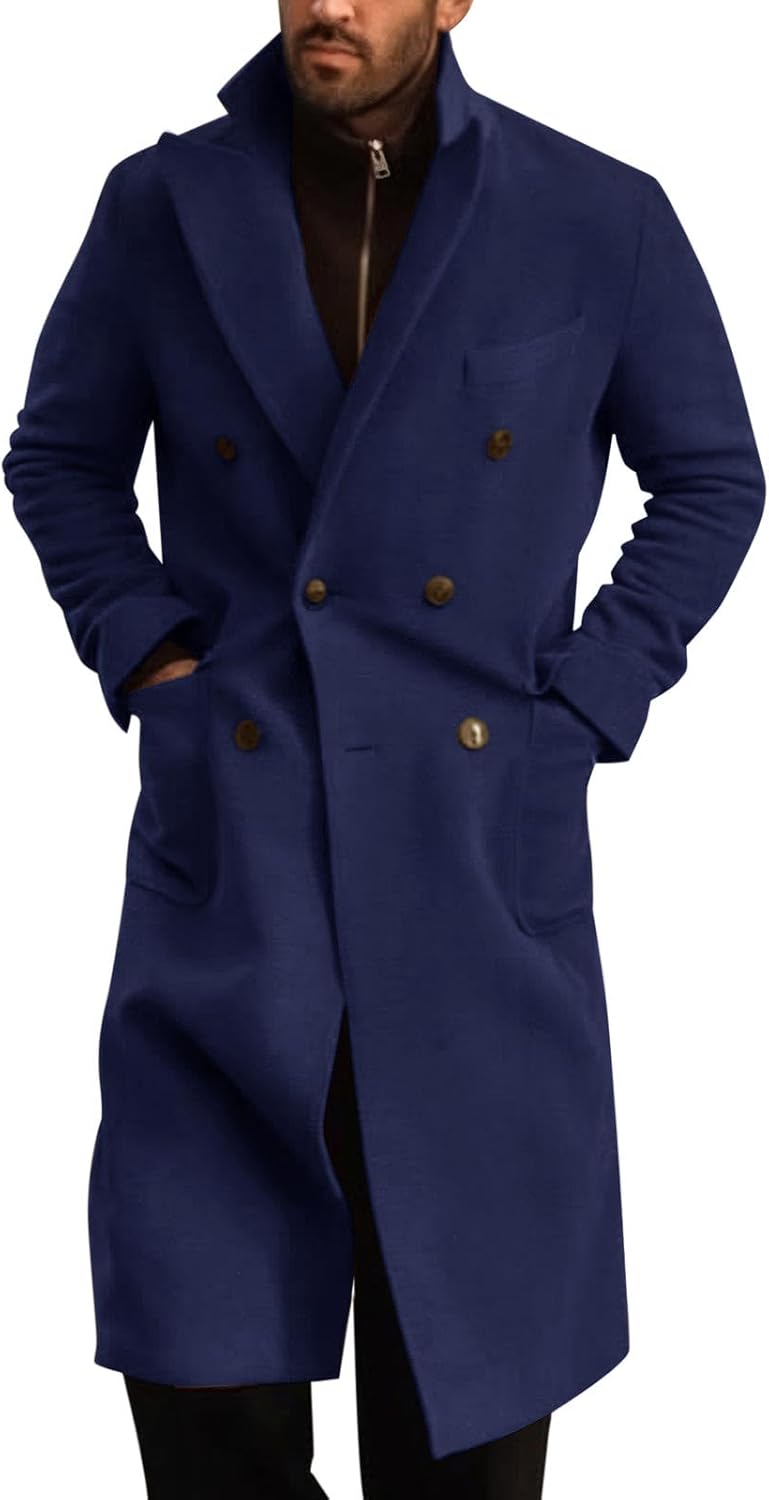 Runcati Mens Wool Blend Casual Trench Coat Notched Collar Lapel Long Jacket Double Breasted Classic Winter Overcoat
