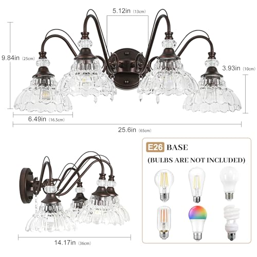 Image of Vintage Bathroom Vanity Light, 4-Light Oil Rubbed Bronze Finish Wall Sconce with Hanging Crystal Accents and Flower-Shaped Clear Glass Shades, Retro Wall Mount Vanity Light Over Mirror for Bathroom