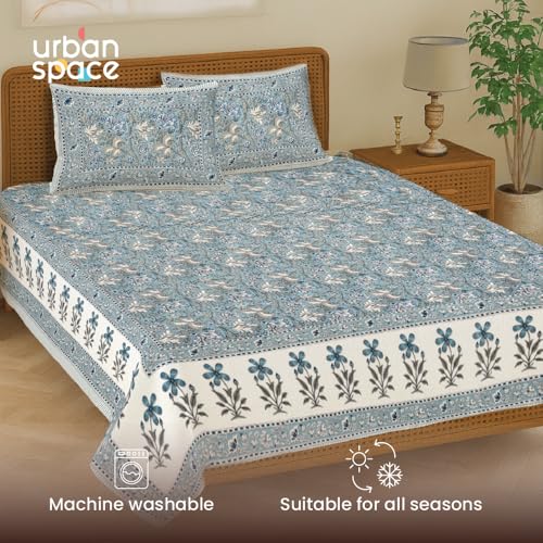 Image of Urban Space 100% Cotton Jaipuri Handblock Printed Double Size Bedsheet with 2 Pillow Covers, 200 TC Cotton Double Bedsheet (90 x 100 Inches, Rangrez Blue)