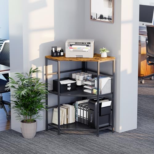 EasyCom Corner Printer Stand with Charging Station, Adjustable Height Storage Shelf for CPU Shredder, Triangle Corner Table for Small Space Office Living Room-Rustic Brown - Thumbnail 6