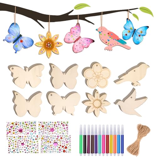 57 Stück Bastelsets für Kinder, Bastelset Kinder, Basteln Kindergeburtstag ,Schmetterling Blume Vogel Holzanhänger zum Bemalen mit Aquarellstift & Edelsteinaufkleber für DIY Basteln Mädchen Jungen