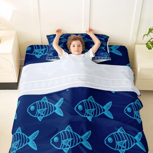 Image of jejeloiu Ocean Fish Bed Sheets Set Twin Size Summer Bed Set Blue Deep Pocket Fitted Sheet Sea Animal Breathable Soft Lightweight Microfiber