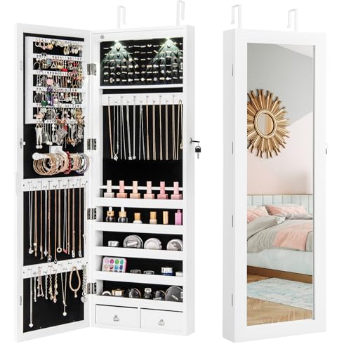 RELAX4LIFE Schmuckschrank hängend, Spiegelschrank mit 2 Schubladen & 2 LEDs & Schloss, Schmuckorganizer für Ohrringe & Armband & Kette & Ringe & Kosmetik, Tür- & Wandmontage (Weiß)