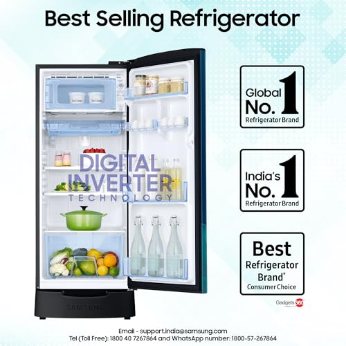 Image of Samsung 183 L, 4 Star, Digital Inverter, Direct-Cool Single Door Refrigerator (RR20H28249U /NL, Paradise Bloom Blue, Base Stand Drawer, Single Touch Defrost, 2026 Model)