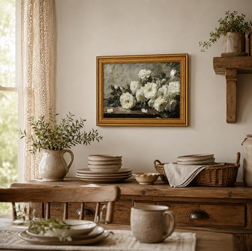 Image of NALEPS Vintage White Peony Framed Wall Art, White Rose Wall Decor, 12x16 In