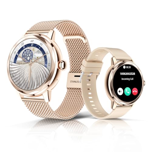 Smart Watches for Women Anser/Make Call, 1.19'' Gold Women Watch for Android iOS Phones, IP67 Fitness Tracker Smartwatch with Blood Pressure Monitor Heart Rate Sleep Femal Cycle, 2 Watch Bands