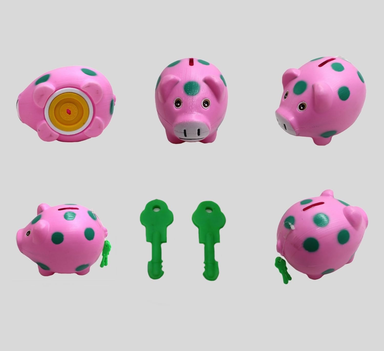 Neoinsta Mini Very Small Size Plastic Pig Piggy Bank | Money Bank | gullak | Penny Bank |Coin Bank| Deposit Box | Lock at The Bottom and 2 Green Color Plastic Keys (Pink)