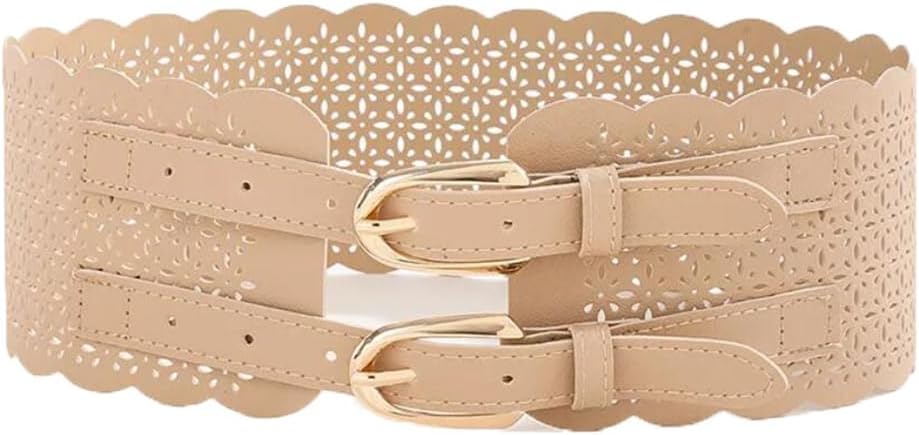 Women's Hollow PU Leather Wide Corset Belt Double Buckle Decorative Waistband for Dresses Coats Sweaters