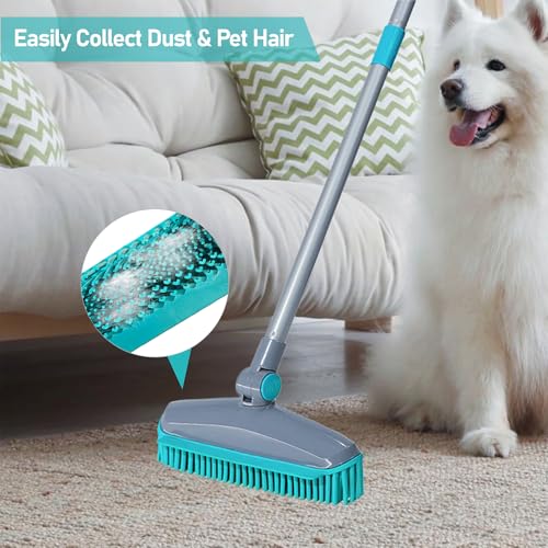 Image of 180Rotating Head Rubber Broom with Squeegee for Pet Hair Removal - 51 inch Iron Handle Fur Remover Rake Brush for Carpet, Hardwood & Tile Floors, Includes Pet Hair Removal Gloves (Blue)