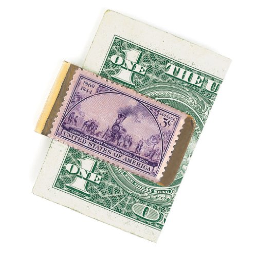 American Coin Treasures Stamp Money Clip - U.S. Mint Railroad Train Stamp | Brass Moneyclip Layered in Pure 24k Gold | Holds Currency, Credit Cards, Cash | U.S. Coin | Certificate of Authenticity