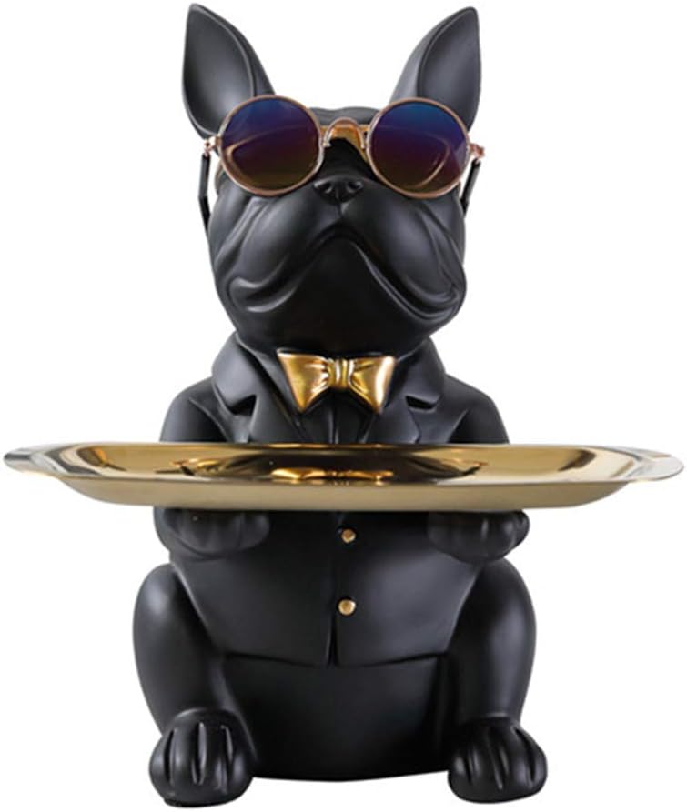holygloomy Resin Cool Dog Sculpture Bulldog Decorative Bulldog Holding Storage Tray Figurine Storage Tray Coin Bank Entrance Key Snack Holder Modern Art Statue Home Desktop Ornament Decoration, Black