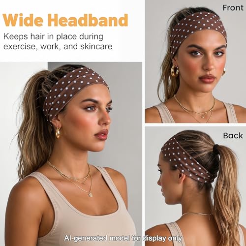 WENNKINN Headbands for Women Non Slip, Soft Elastic Cloth Hairband for Workout Gym Running Sports, Sweat Wicking Wide Headband, 3 Pack with Bag (Black, Brown) — view 3