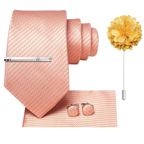 Image of Hi-Tie Light Orange Solid Men's Silk Ties Woven Classic Necktie and Pocket Square Lapel Pin Silver Tie Clip Cufflinks Set Wedding Business 6PCS