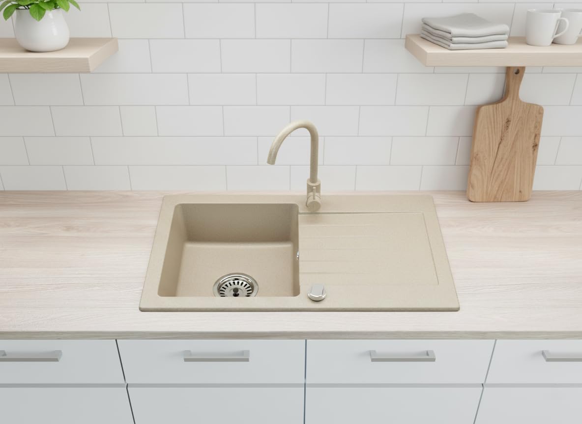 Faizee Home | Alisha Granitspüle 75x43,5 cm Beige – Hochwertige Küchenspüle aus Granit, kratzfest & hitzebeständig | Einbauspüle für Unterschränke ab 45 cm