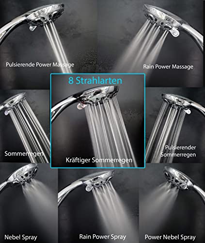 BLUMBACH® Duschkopf wassersparend - Hochdruck Duschkopf Aqua Joy - 8 Strahlarten, Duschbrause druckerhöhend, Brausekopf, Shower Head, wassersparender Sparduschkopf, hoher Wasserdruck starker Strahl
