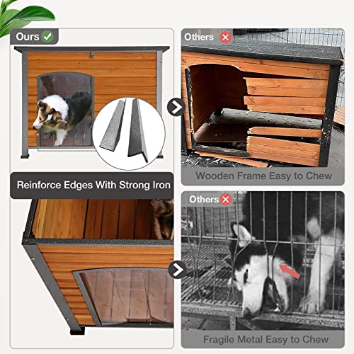 Dog House Outdoor Insulated Dog House For Small Medium Dogs, Natural Wood With Iron Frame, Waterproof Roof Raised Feet #TOP2