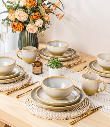 Image of TheTerra Stoneware Dinnerware Sets for 4, 12 Pieces Ceramic Plates and Bowls Sets, Scratch Resistant Dish Set, Oven, Microwave & Dishwasher Safe, Autumn Haze