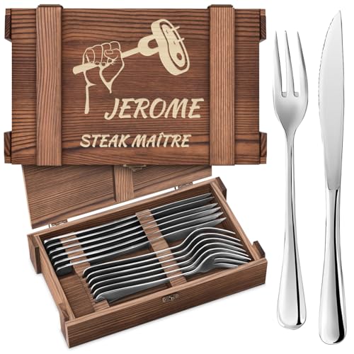 Maverton Couverts de Table à Steak - 6 Couteaux a Steak et 6 Fourchette a Viande dans un Coffret Cadeau Homme Personnalisé - Set De Table avec Boîte en Bois - Cadeau Personnalisé pour lui
