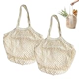 2 Bolsas de Malla de Algodón Orgánico Reutilizables, Bolsas de Red para Compras, Bolsa de Malla, Bolsa de Compras Portátil y Lavable con Asa Larga para Frutas Verduras Supermercado y Casa (Beige)