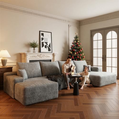 Image of Boneless Couch, Modular Sectional Couches for Living Room, U-Shaped Cloud Couch Sofa with Deep Seat, Fluffy Corduroy Upholstered Corner Sofa