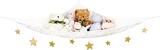 Mkono Stuffed Animal Toy Hammock Hanging Macrame Stuffed Animals Storage Net with Wooden Stars Decorations Boho Large Corner Plush Toys Holder for Nursery Playroom Kids Room Organizer, White