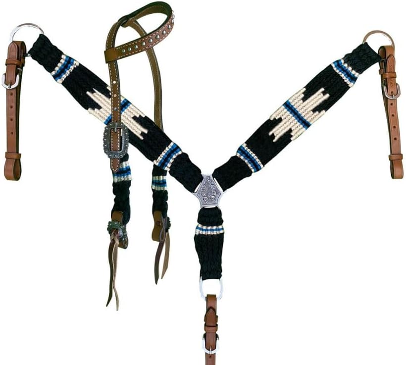 Showman Pony Black, Blue & Cream Corded Single Ear Headstall & Breast Collar Set