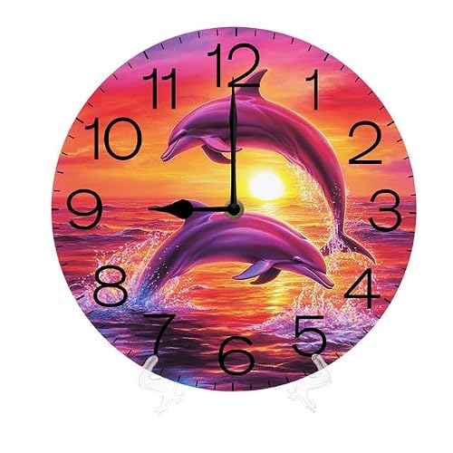 Geroclonup Horloge murale en bois avec dauphin sautant d'animaux marins à piles, silencieuse, sans tic-tac, décoration pour la maison, la cuisine, le salon, le bureau, la salle de bain, la chambre à