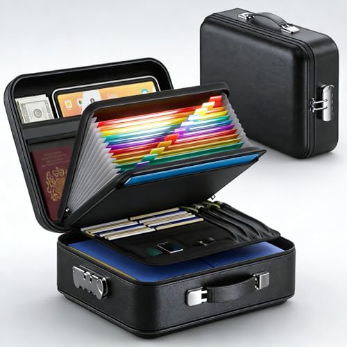 Fireproof Document Box with Combination Lock - UL94 Certified Waterproof Portable Safe Hard Case, 12-Compartment File Organizer for Documents, Laptop&Passports