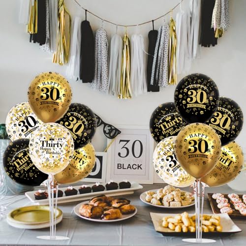 Image of TONIFUL 4 Set Black Gold 30 Printed Balloon Stands for 30th Birthday Decor