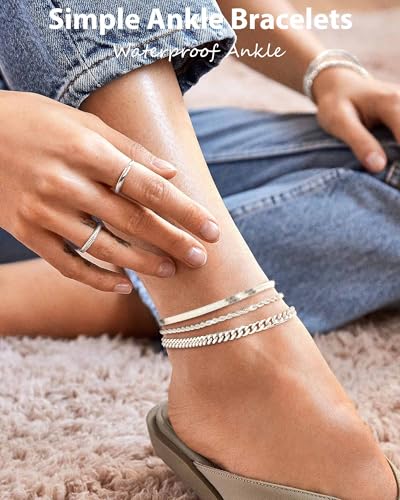 Image of ZHESHY Gold Silver Ankle Bracelets for Women 14K Gold Plated Anklets for Women Waterproof Cuban Link Heart Chain Anklets Set Non Tarnish Dainty Layered Anklet Bracelets for Women Summer Beach Jewelry