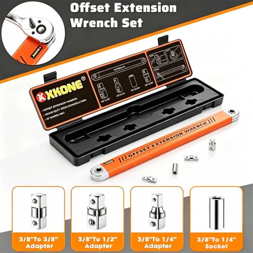 XKONE Offset Extension Wrench – Zero-degree Swing for Tight Spaces,3/8" Drive Socket Extender Tool with 1/4",3/8",1/2" Square Adapters and 1/4" Socket. by XKONE - Image 3
