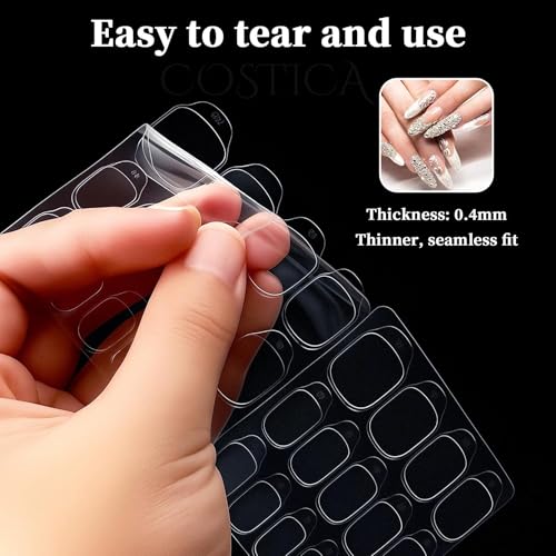 Image of COSTICA Nail Adhesive Tabs, Clear Ultra-Thin Double-Sided Press on Nail Stickers, 12 Sizes Waterproof, 20 Sheets with 3 Orange Sticks and Mini Filler (480 Pcs)