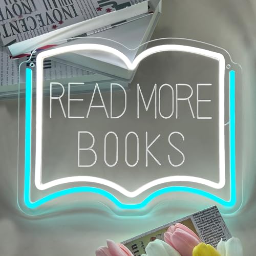 Image of Read More Books Neon Sign, Dimmable LED Reading Neon Light USB Powered for Library Classroom Bookstore Decor, Reading Room Wall Sign for Study Room Bookshelf, Book Lover Gift (Ice Blue)
