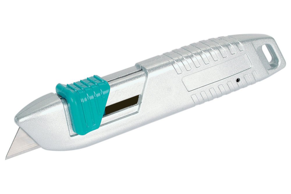 Wolfcraft Sicherheitsmesser aus Metall mit einziehbarer Klinge – Modell I 4134000 (Trapezklingenmesser)