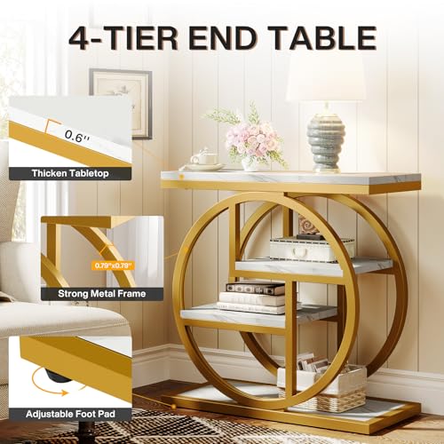 Image of Tribesigns End Table for Living Room, Modern Faux Marble Narrow Side Table with Storage Shelves, 4-Tier Bedside Table for Bedroom, Small Sofa Side Table with Geometric Metal Frame (1 PC, White & Gold)