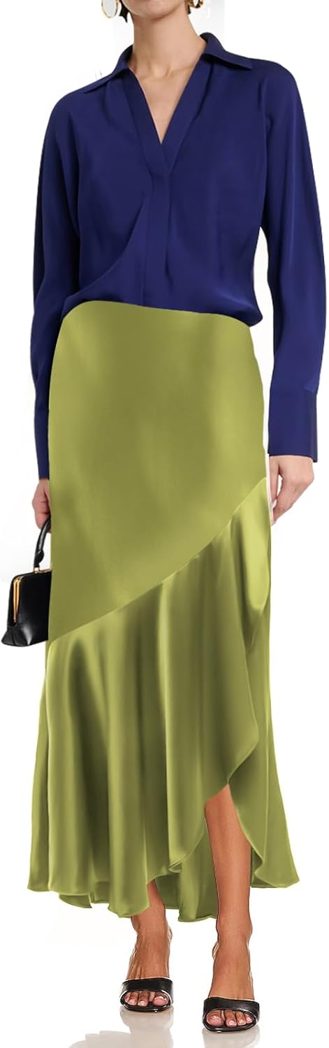 SEBOWEL Women Satin Skirt Silk A Line Swing Ruffle Pleated Cocktail Skirts Silky High Low Tiered Long Maxi Skirt with Split - Image 4