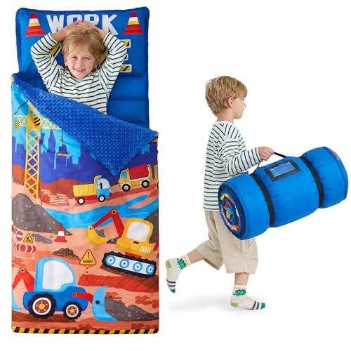 JOIEDOMI Toddler Sleeping Bag for Kids 55''x30'' Nap Mat with Removable Pillow and Minky Blanket for Toddler Ages 3-7 Roll Up Kids Sleeping Bag for Boys Girls Kindergarten Daycare Sleepover Vehicle