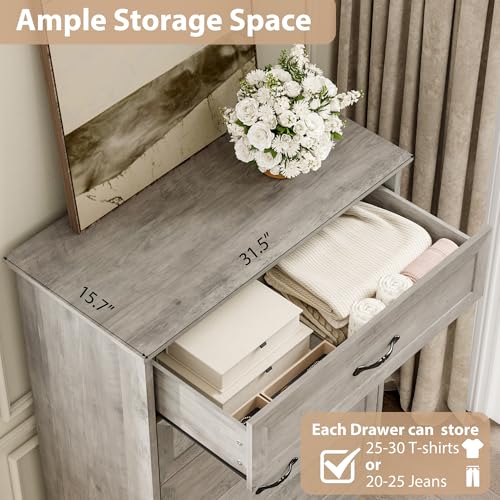 GarveeHome 5 Drawers Dresser for Bedroom,Chest of Drawers with Wide Metal Handle,Farmhouse Modern Wooden Tall Dresser,Natural Texture,Storage Organizer for Bedroom,Living Room,Kids Room(Grey)