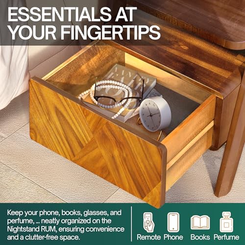 Image of Rum Nightstand with Drawers, Solid Acacia Wood Bedside Table with Drawer & Open Shelf, Handcrafted Wood Grain End Table, Scratch & Water-Resistant, Durable & Easy Assembly (Caramel, Rum)