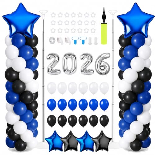 2 Sets Graduation Balloon Column Stand Kit with Balloons Prom Send off 2026 Grad Prom Themed Decor Black Blue White Balloon Tower Stand for Floor Grad School & College Celebration Party Supplies
