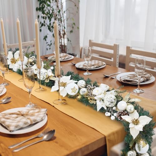 GarveeHome 6 Ft Pre-Lit Christmas Garland, Battery Operated Lighted Xmas Garland with 20 Lights & Timer, Christmas Garlands with Lights for Mantle Table Centerpiece Indoor Outdoor Decor,White