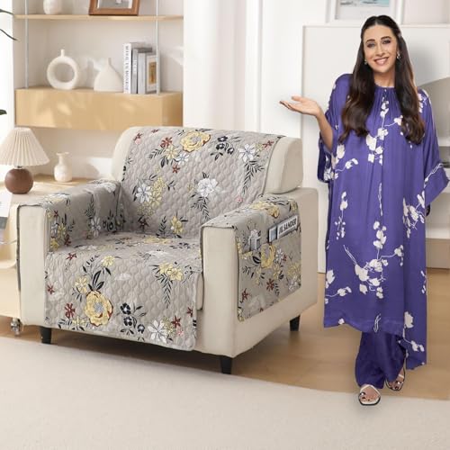 Image of HOKIPO 'VivaCasa Series' Polyester 1 Seater Quilted Sofa Cover with Pockets, Floral Ash Grey (NEW-IN-737-D3)