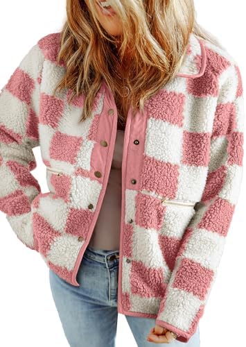 SHEWIN Jackets For Women Causal Sherpa Fall Jacket Loose Button Down Plaid Winter Coats