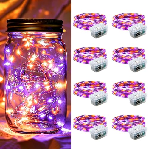 chzk 8 Pack Fairy Lights 7Ft 20 LED Twinkle String Lights Battery Operated Waterproof Firefly Starry for Mason Jar Party Wedding Christmas Valentines Day,Orange&Purple