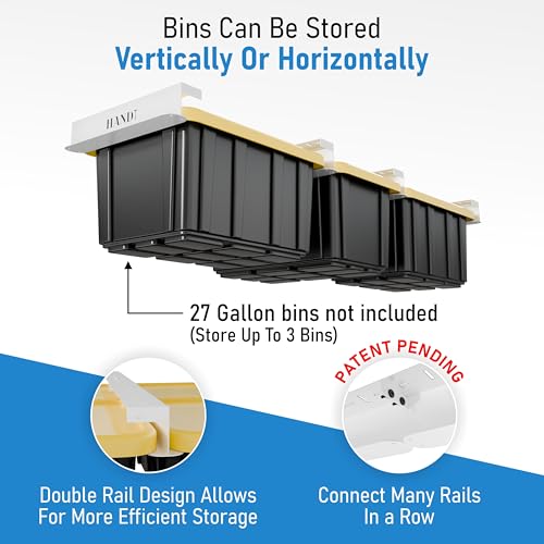 Image of USA Based Overhead Garage Storage Rack, Connectable Heavy Duty Metal Ceiling Rails Garage Storage Organization Shelving System, Hanging Racks Tote Containers, Supports Up To 3 Bins, 2 Sets White