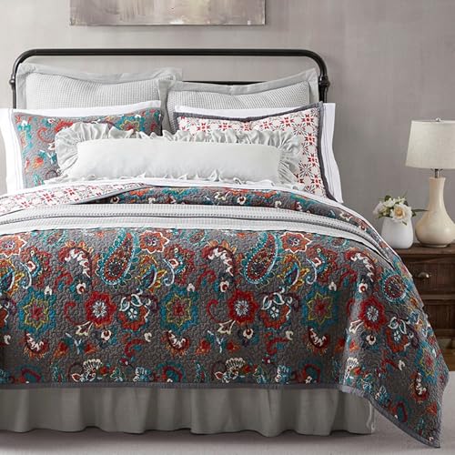 Paseo Road Abbie 3 Piece Quilt Set with Pillow Shams, Teal, Queen Size, Cotton Reversible Bed Set, Western Floral Farmhouse Style Bedding Set, 1 Quilt and 2 Pillow Cases