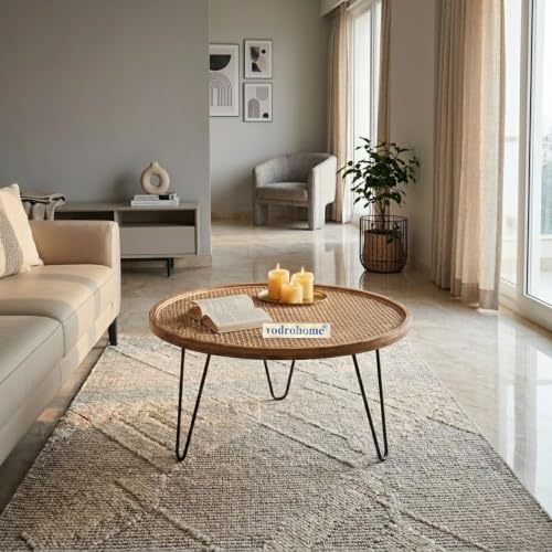 Image of Rattan Coffee Table - Cane Center Table with Shelf for Storage - Bohemian Solid Mango Wood Coffee Table for Office and Living Room C#042 (Natural 2)